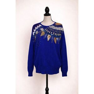 Vintage 1980s Tina Sweater Women’s L Blue Beaded Sequin Embellished Knit